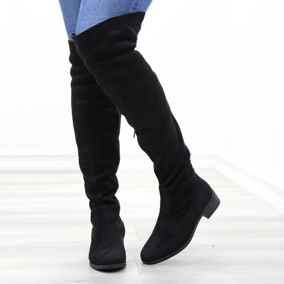 Low Heel Thigh High Boots Faux Suede Back Womens Lace Up Black Above The Knee - Picture 4 of 14